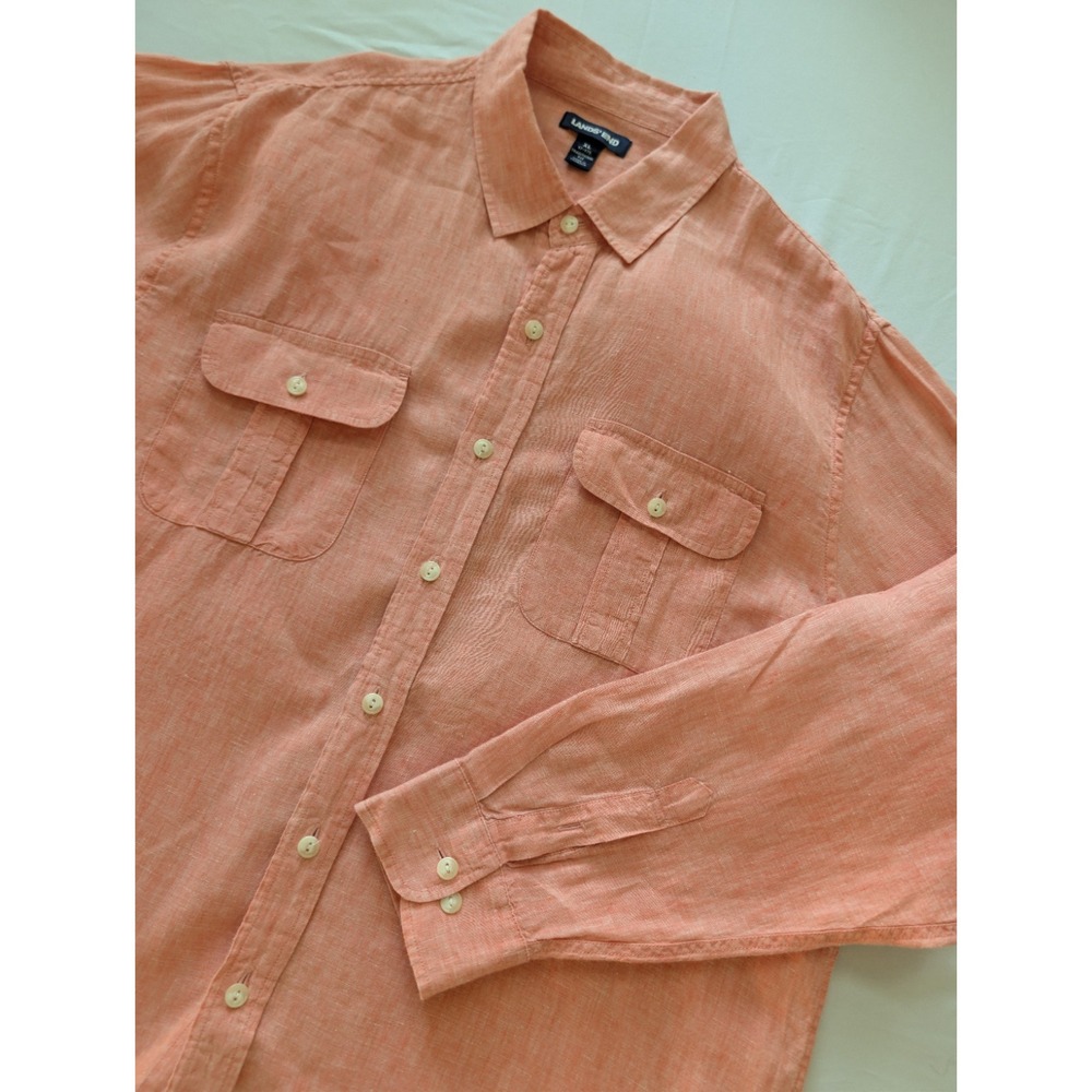 Lands End Linen Shirt Mens XL Salmon Long Sleeve Button Up‎ Roll Tab Casual